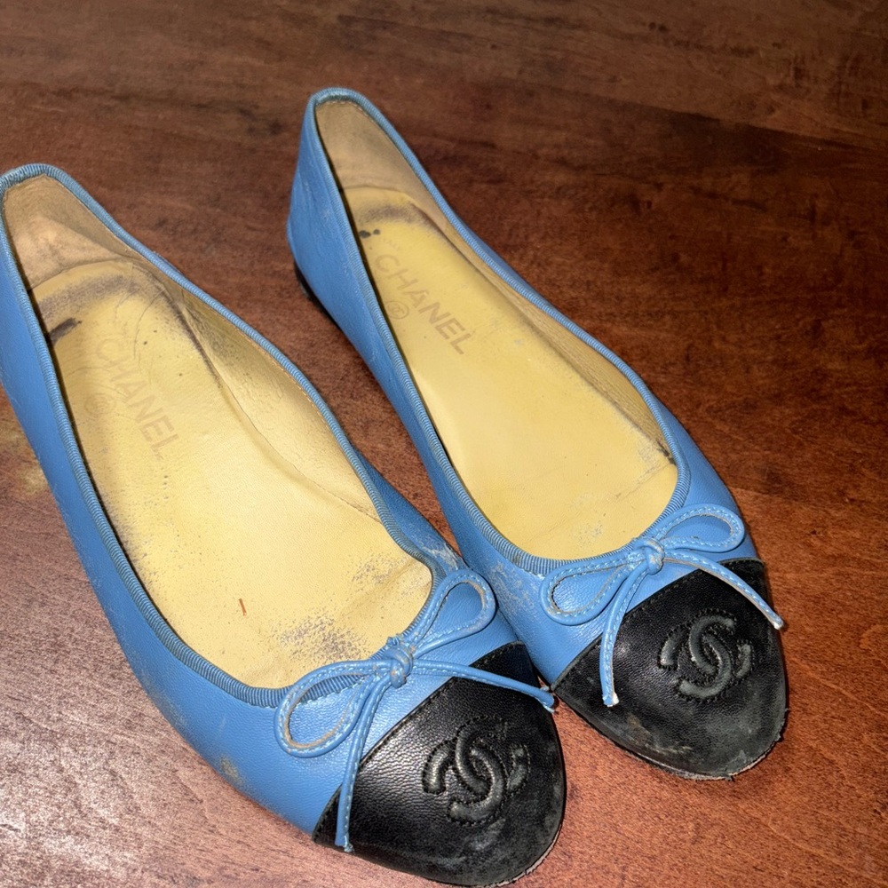 Blue and Black Peep Toe Chanel Ballet Flats